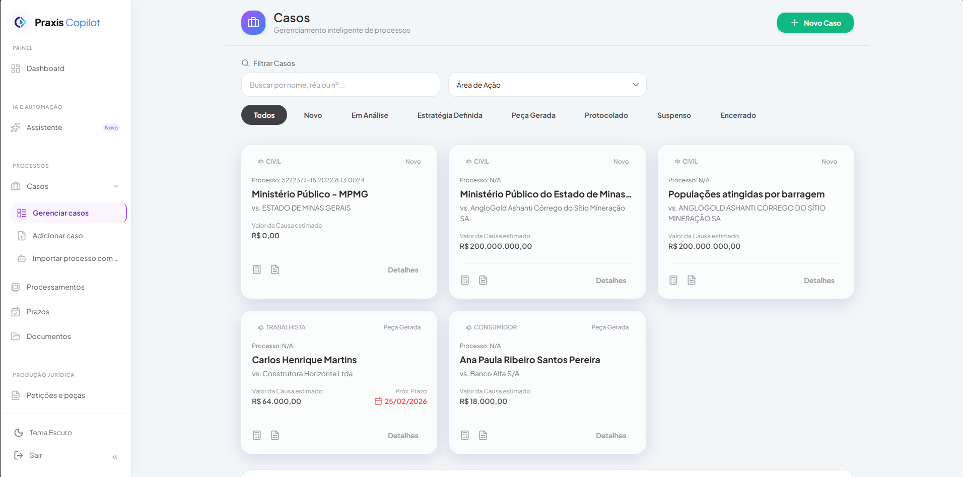 Praxis Copilot - listagem de casos