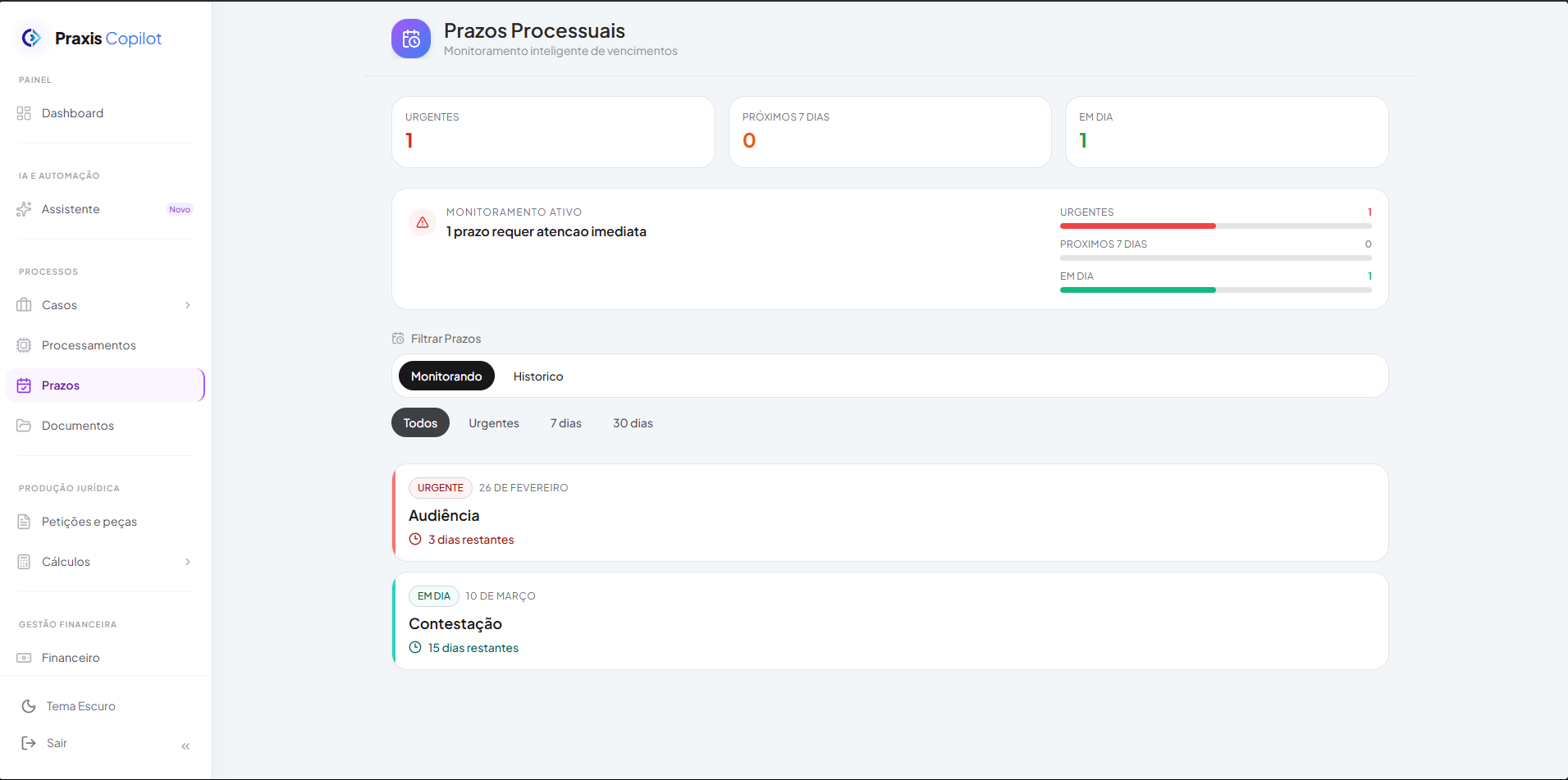 Praxis Copilot - painel de prazos processuais